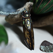 Load image into Gallery viewer, Gold, Brown, and Teal Cicada Pendant with Labradorite

