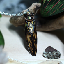 Load image into Gallery viewer, Gold, Brown, and Teal Cicada Pendant with Labradorite
