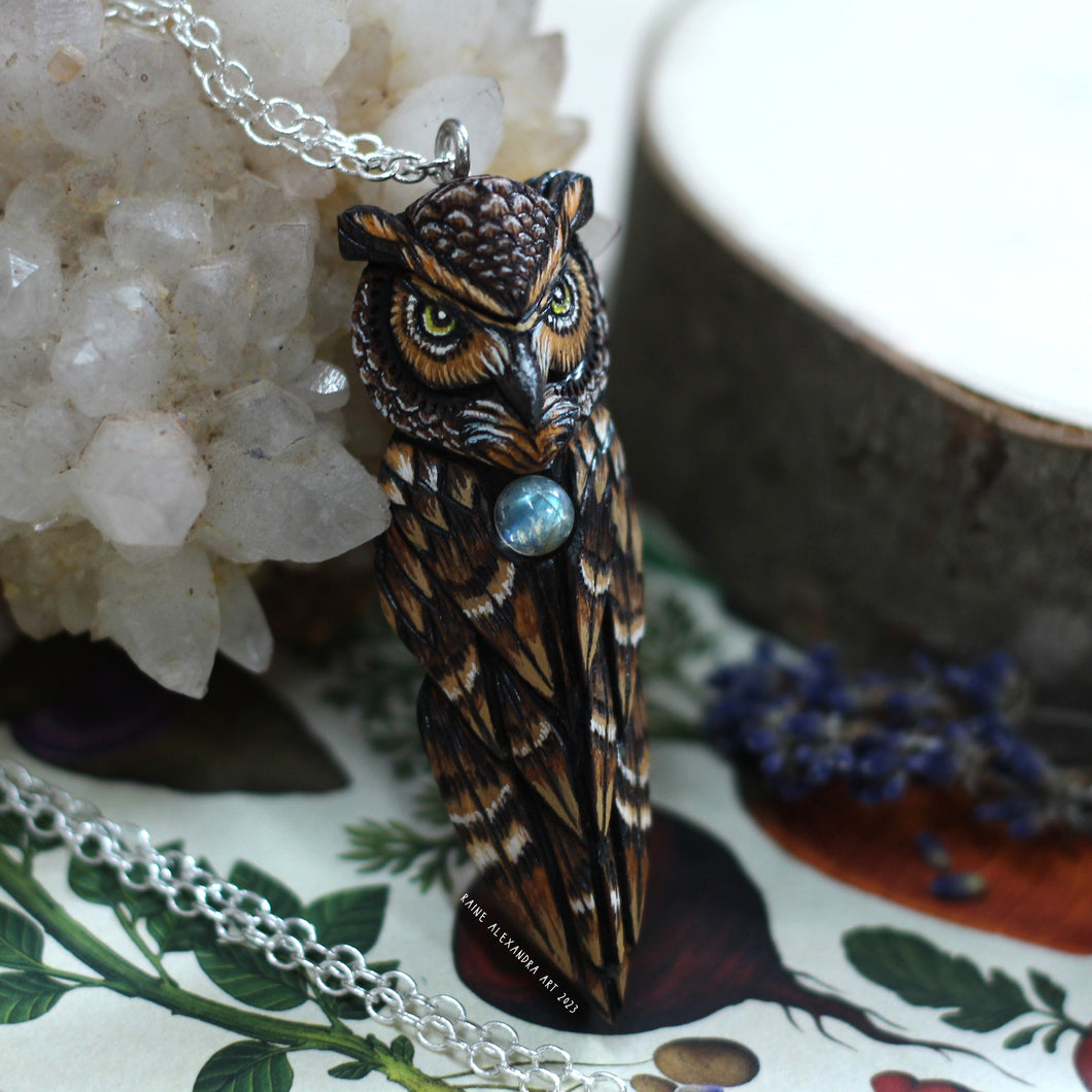 MADE TO ORDER - Great Horned Owl Pendant with Labradorite